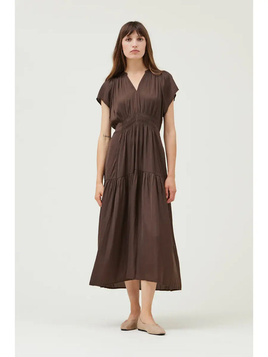 Karli Ruffle Satin Midi Dress- Dark Roast