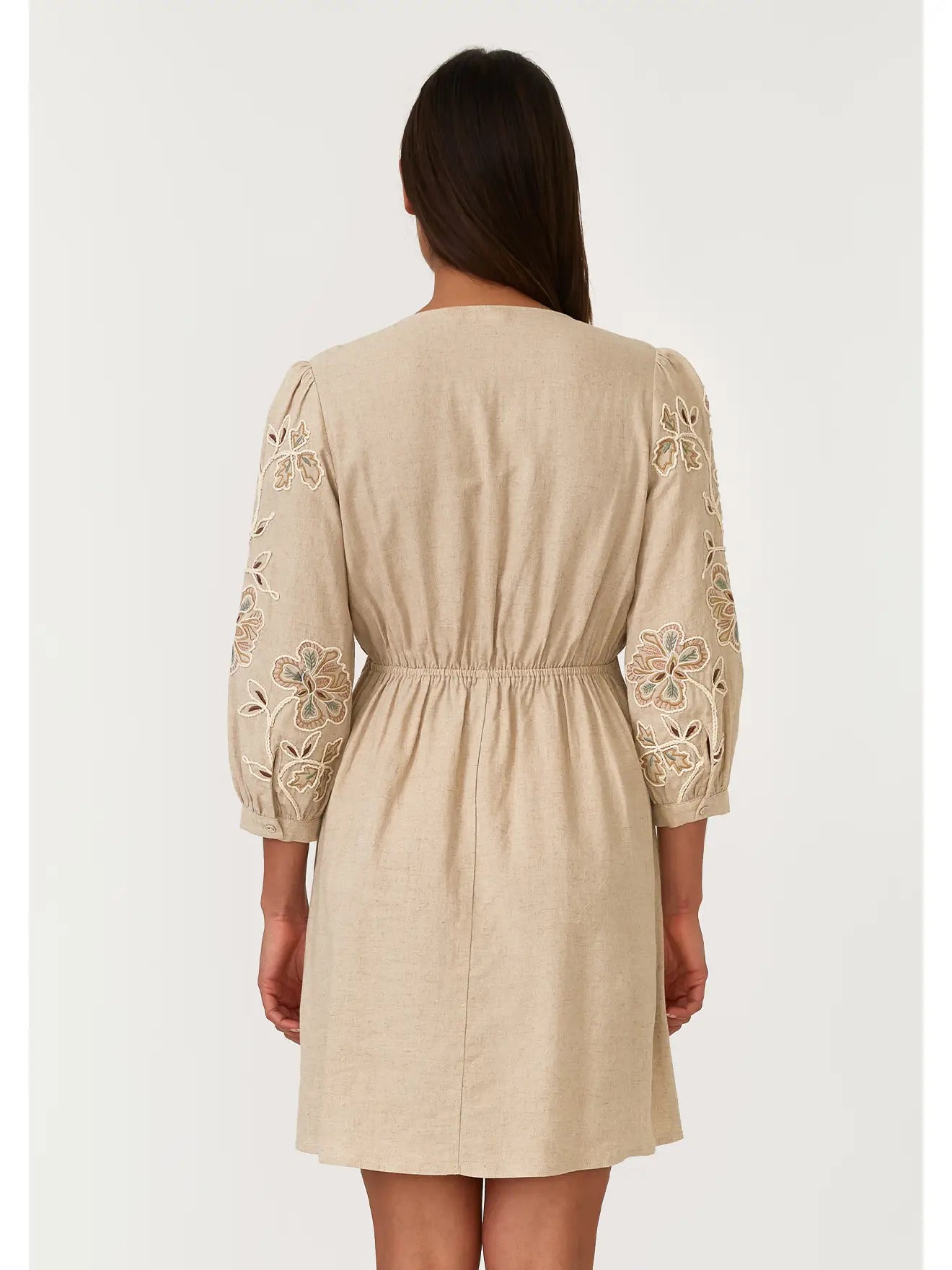 Embroidered 3/4 Sleeve V Neck Mini Dress