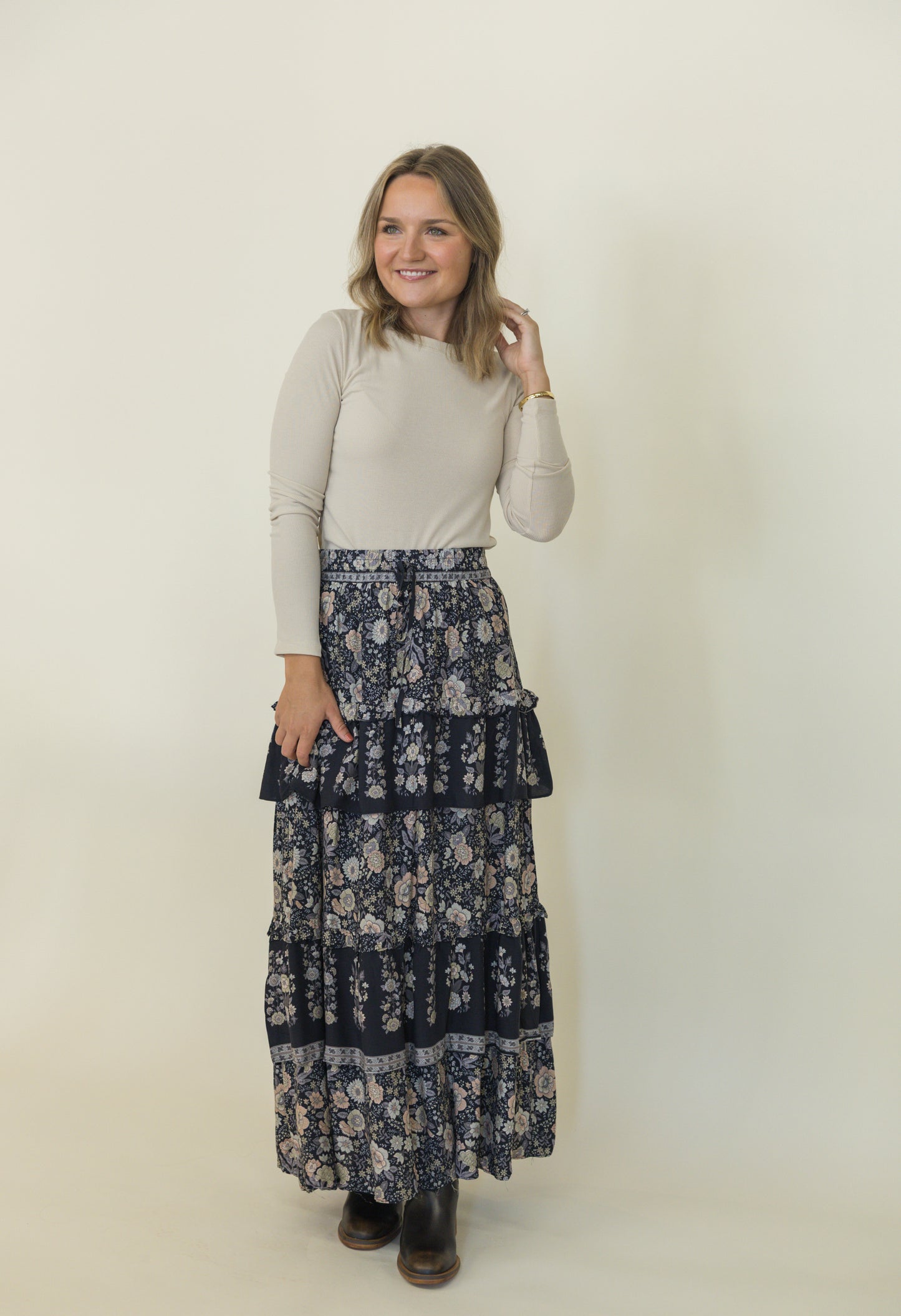 Ruffle Tiered Border Print Midi Skirt
