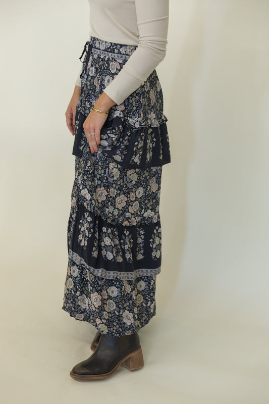 Ruffle Tiered Border Print Midi Skirt