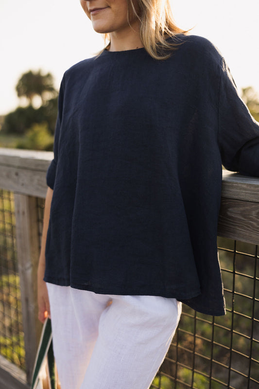 Button Up Linen Blouse - Navy