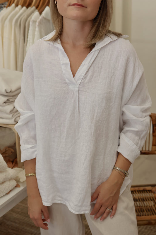 Linen V-Neck - White