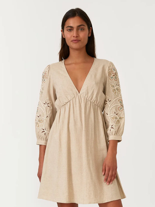 Embroidered 3/4 Sleeve V Neck Mini Dress