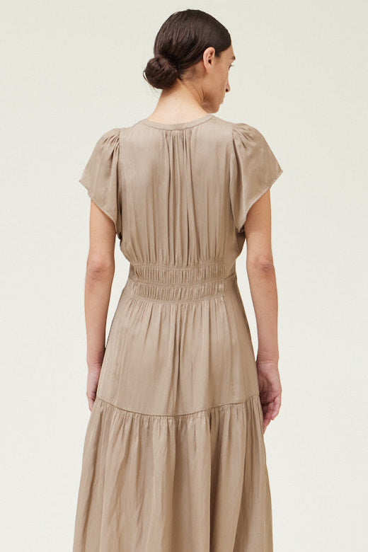 Riley Ruffle Satin Midi Dress- Taupe