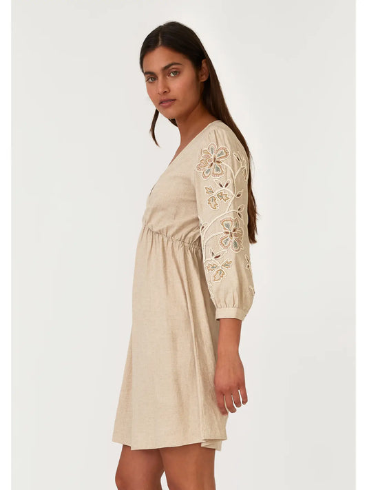 Embroidered 3/4 Sleeve V Neck Mini Dress