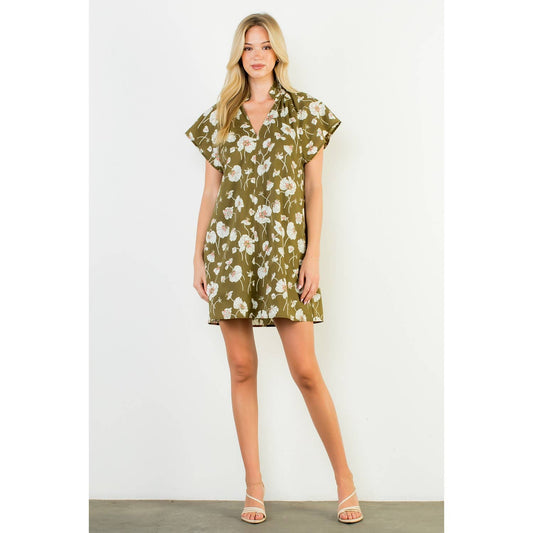 Floral V-Neck Dress- Olive
