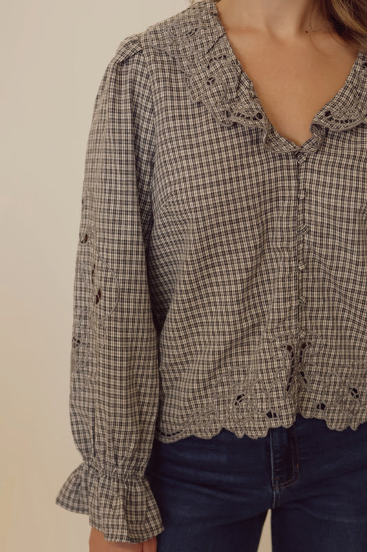 Ruffle Embroidered Check Blouse
