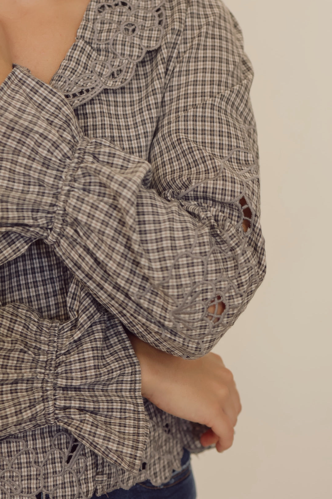 Ruffle Embroidered Check Blouse