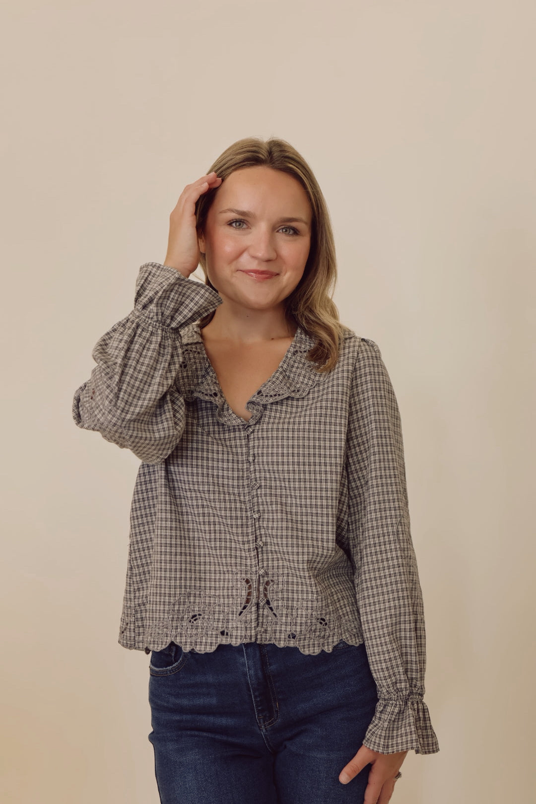 Ruffle Embroidered Check Blouse