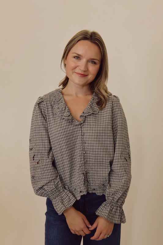 Ruffle Embroidered Check Blouse
