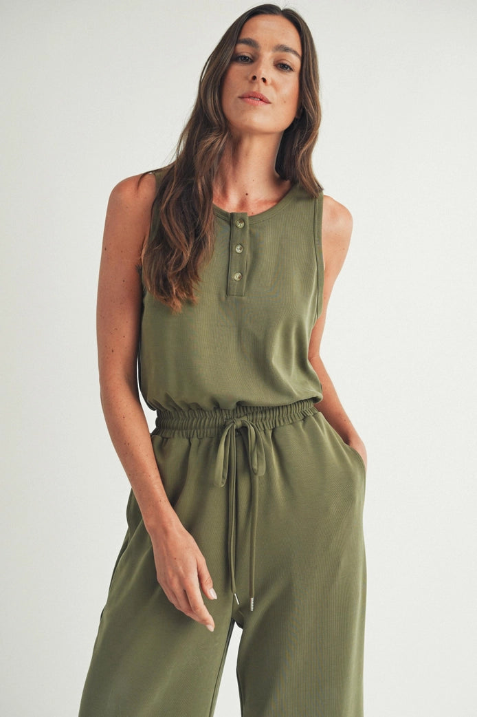 Easygoing Henley Jumpsuit- Olive