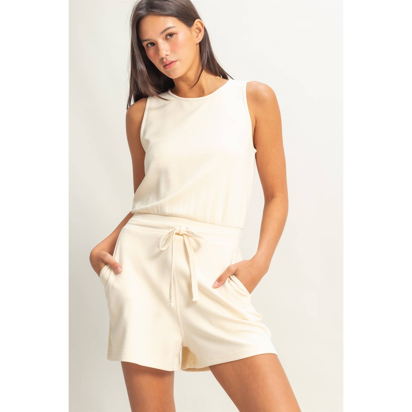 Drawstring Waist Sleeveless Romper: Ivory