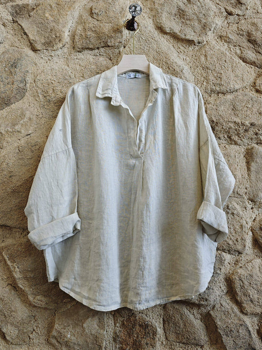 Long-Sleeve Linen Blouse- Beige