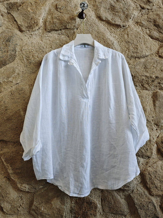 Long-Sleeve Linen Blouse- White