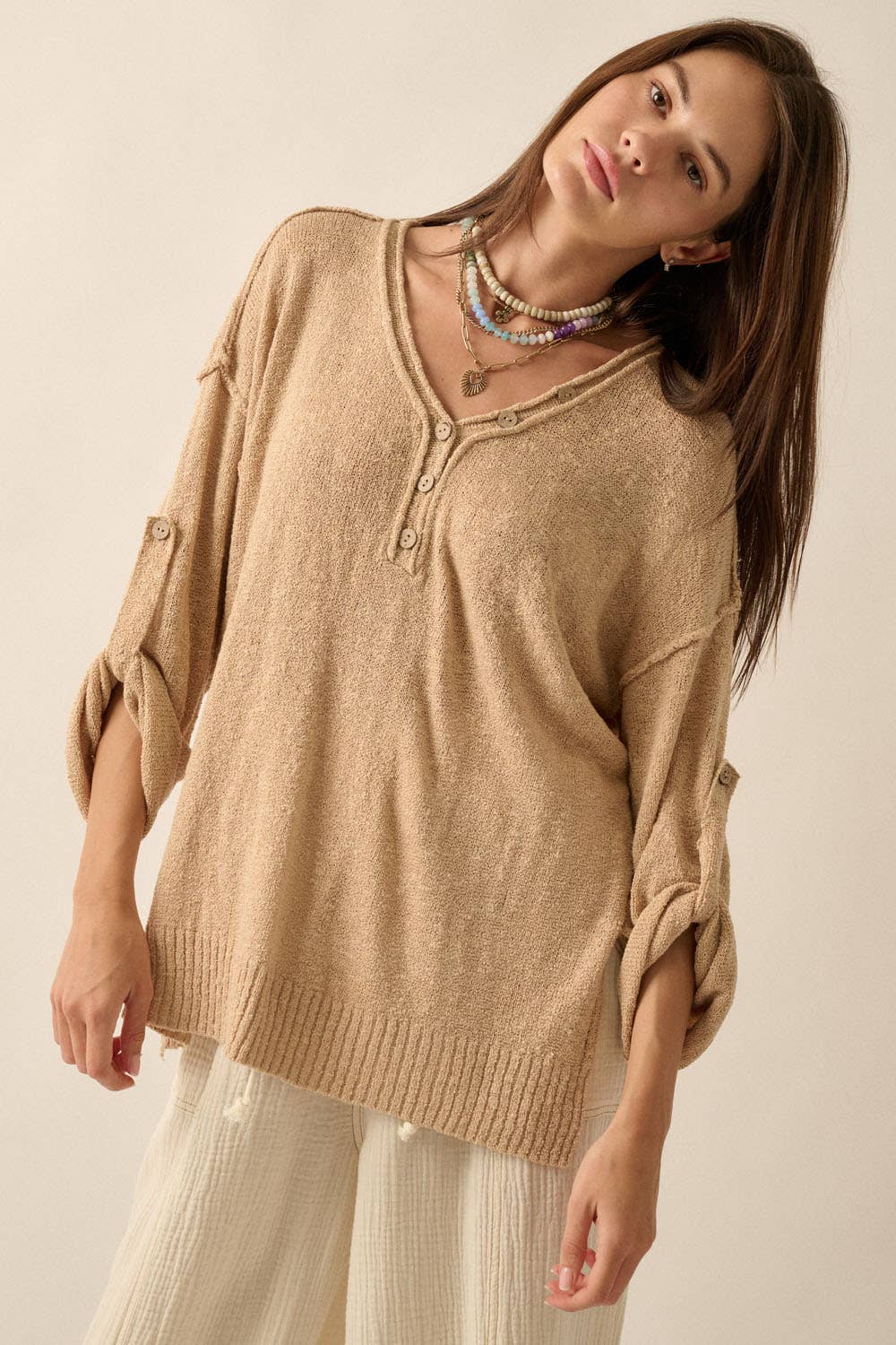 Henley Oversized Sweater - Sand