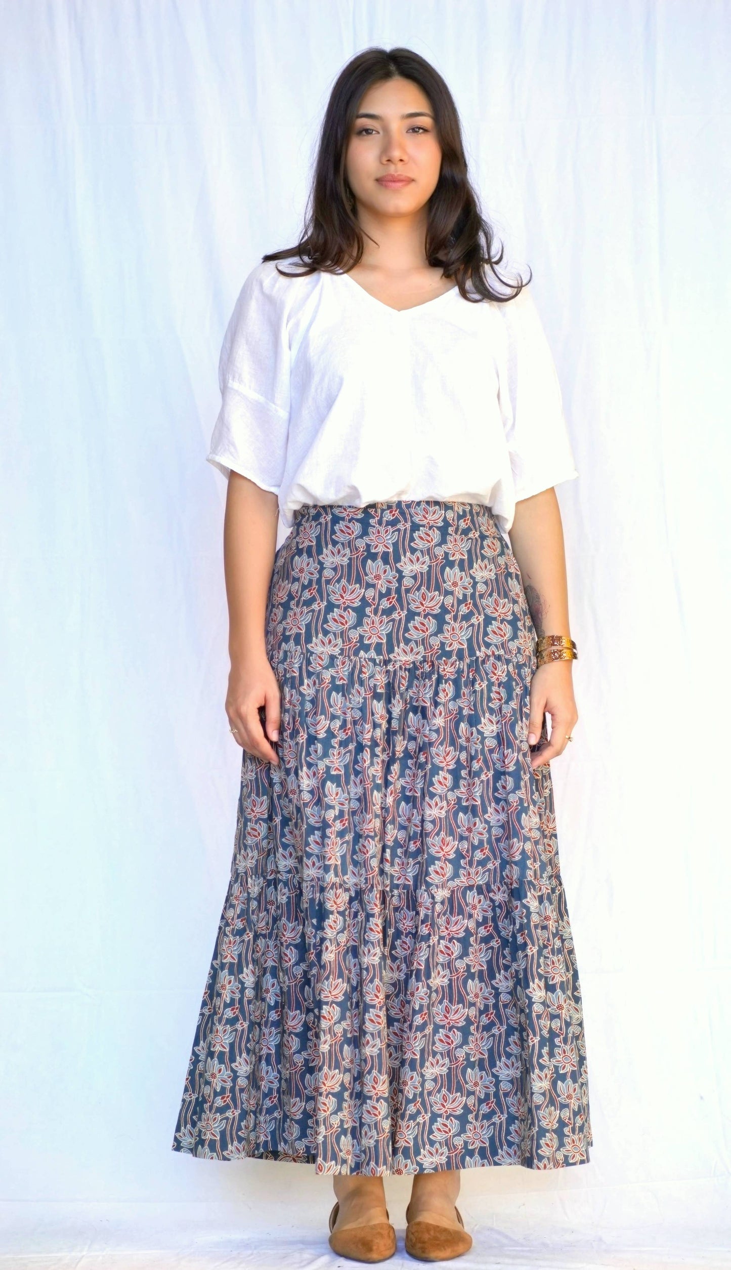 Printed Cotton Skirt in Indigo