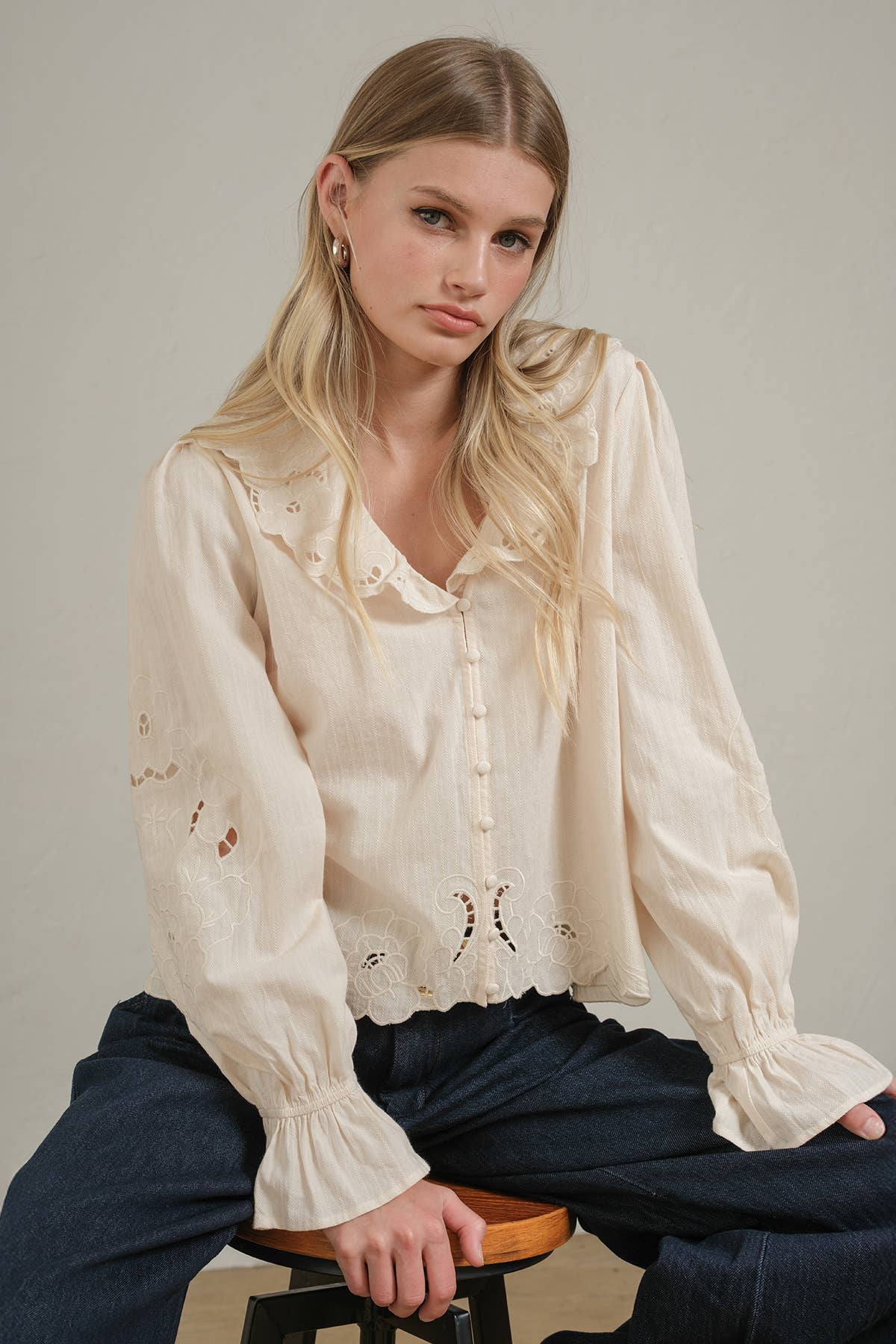 Embroidered Eyelet Collar Blouse