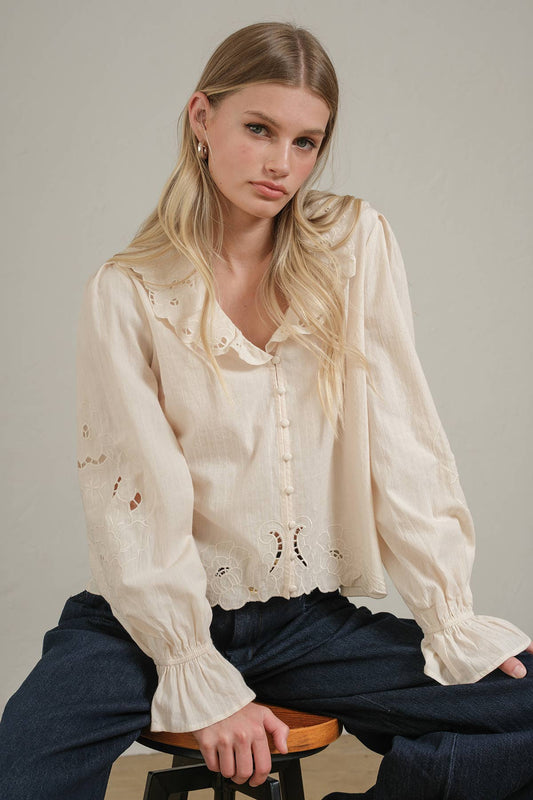Embroidered Eyelet Collar Blouse