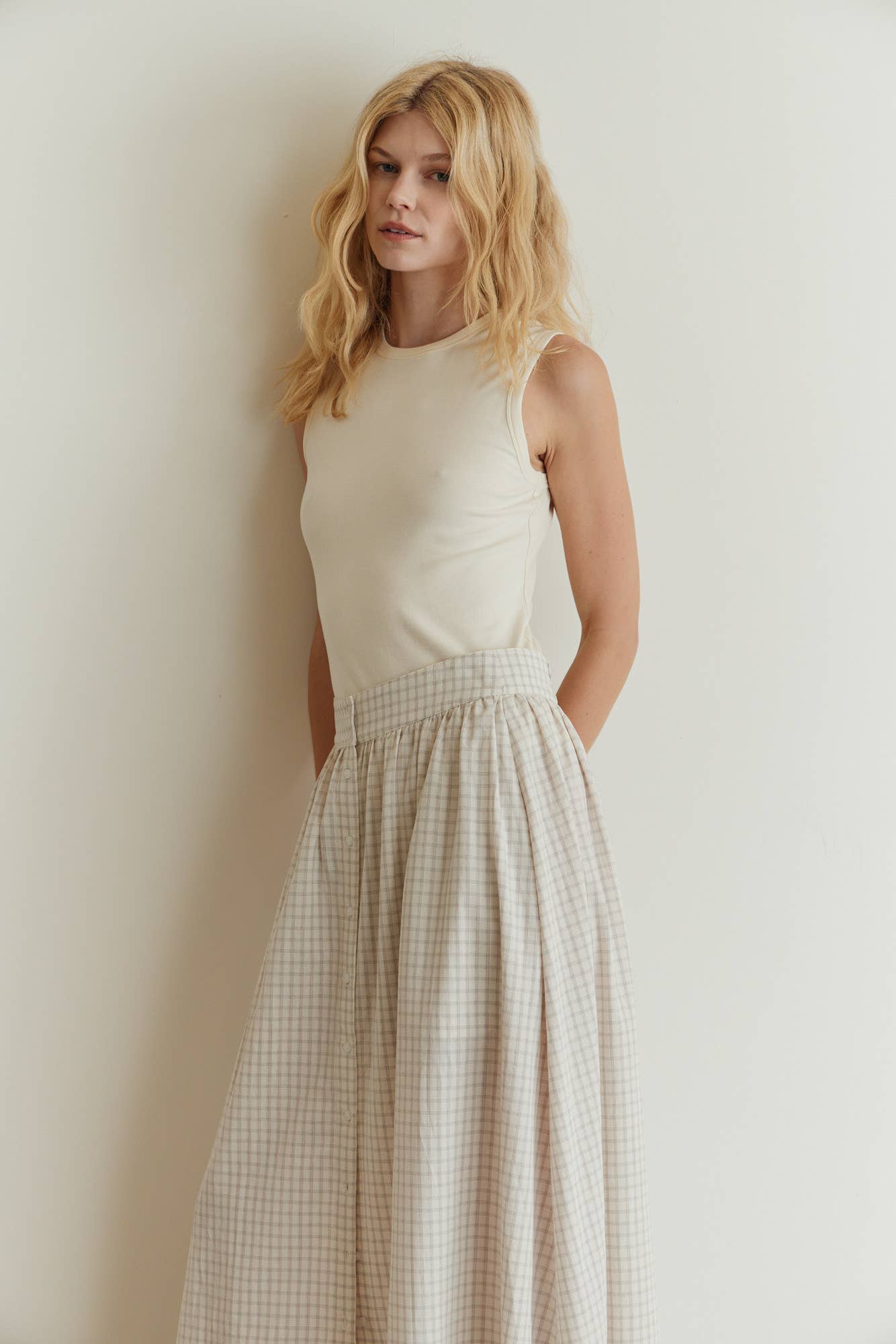 Plaid Button Trim Midi Skirt