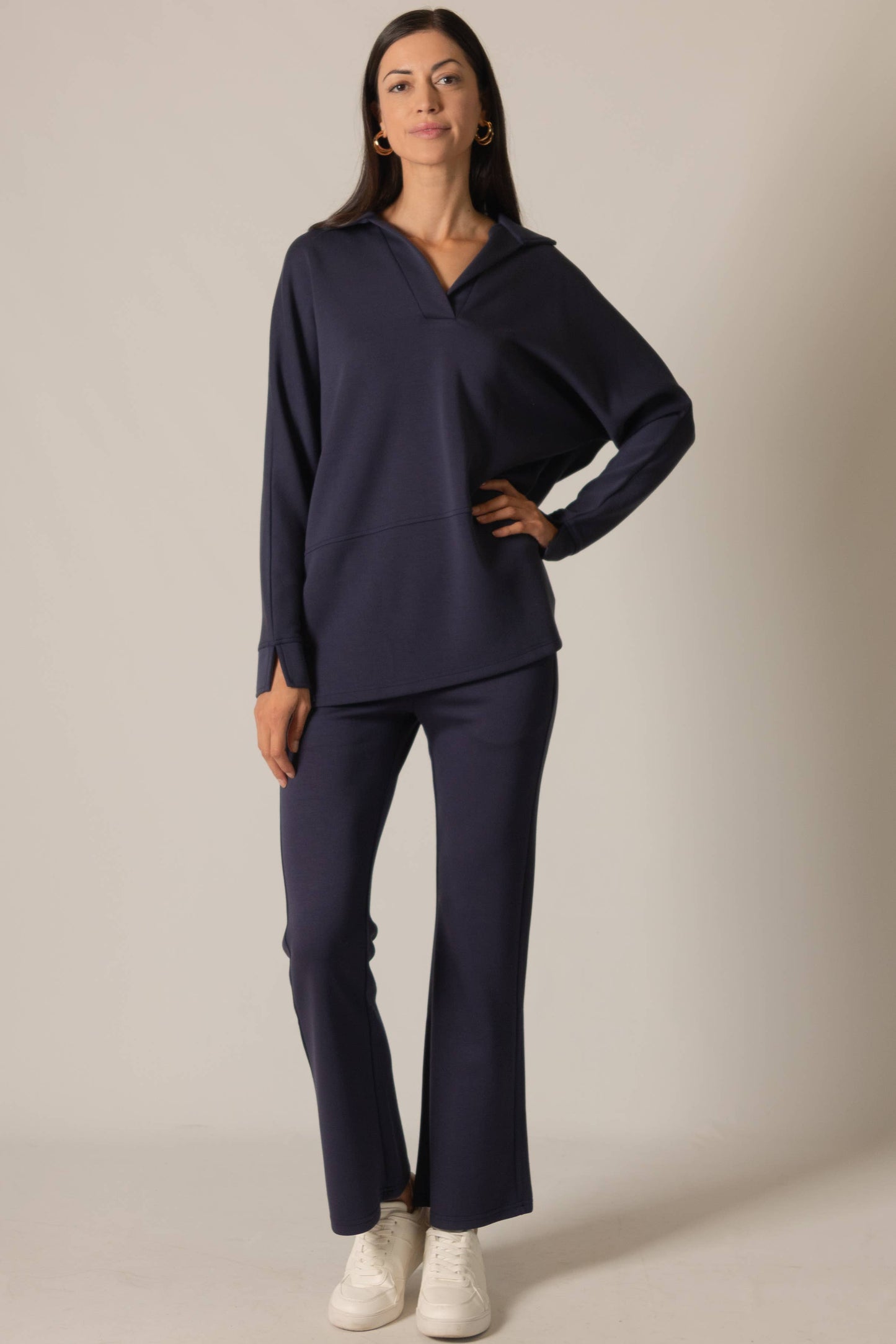 Collared Long Sleeve Top- Navy