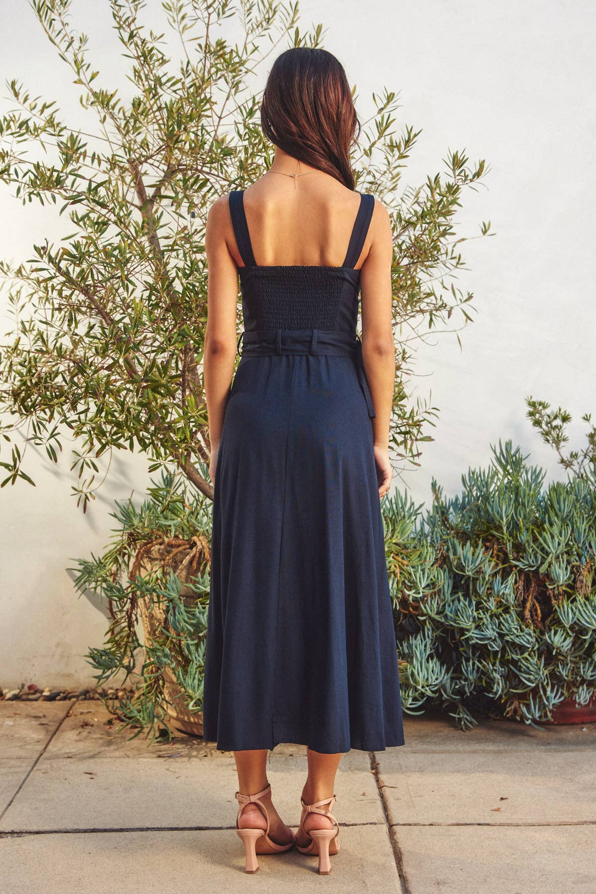 Linen Buckle Midi Dress / Navy