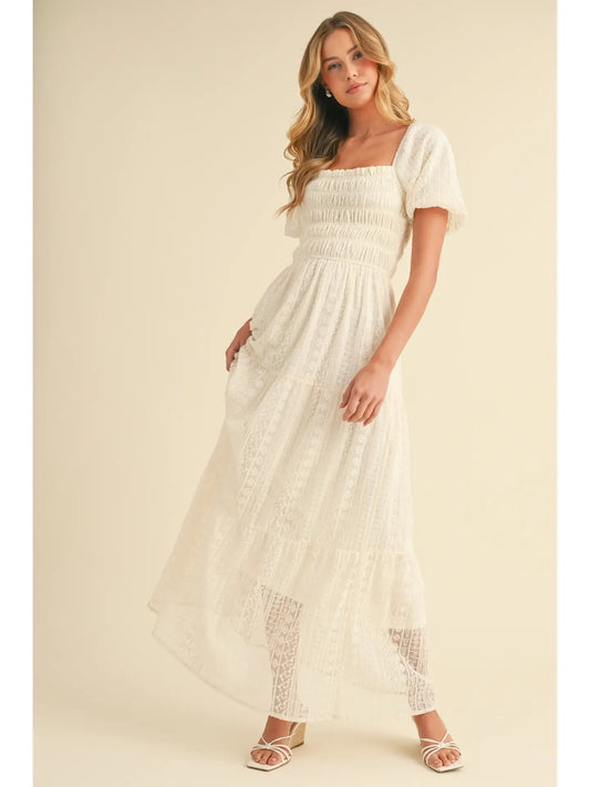 Graceful Lace Puff Sleeve Midi Dress