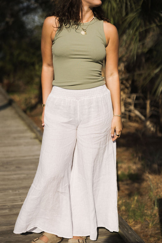 Wide Leg Linen Pants - White
