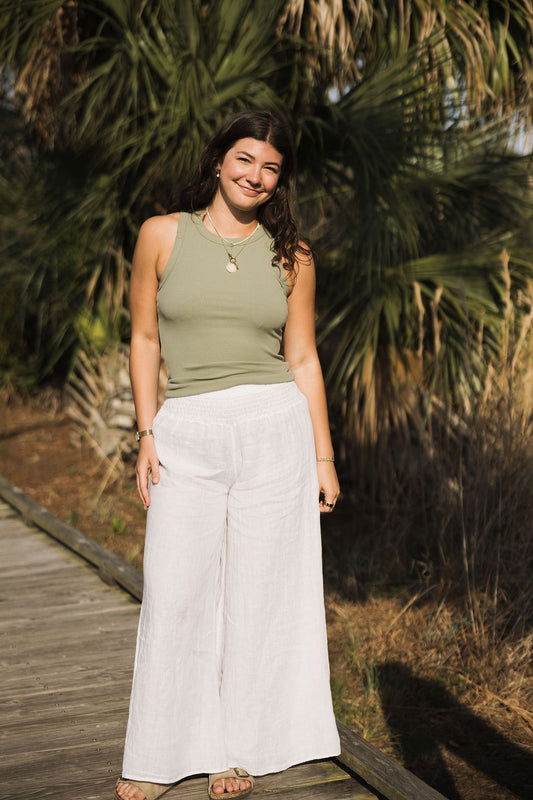 Wide Leg Linen Pants - White