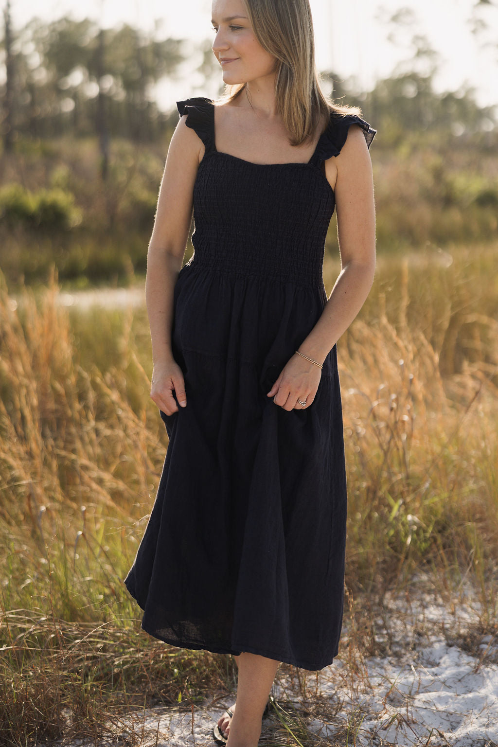 Ruffle Strap Linen Dress