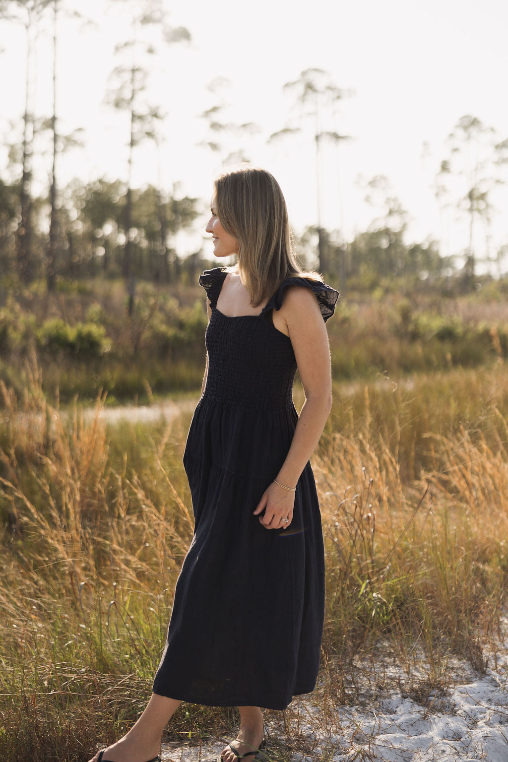 Ruffle Strap Linen Dress