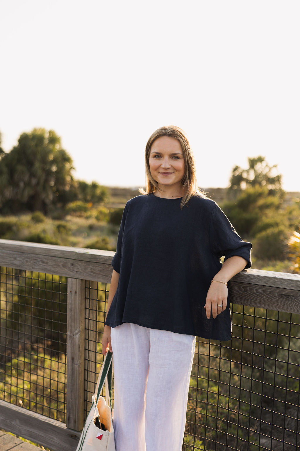 Button Up Linen Blouse - Navy