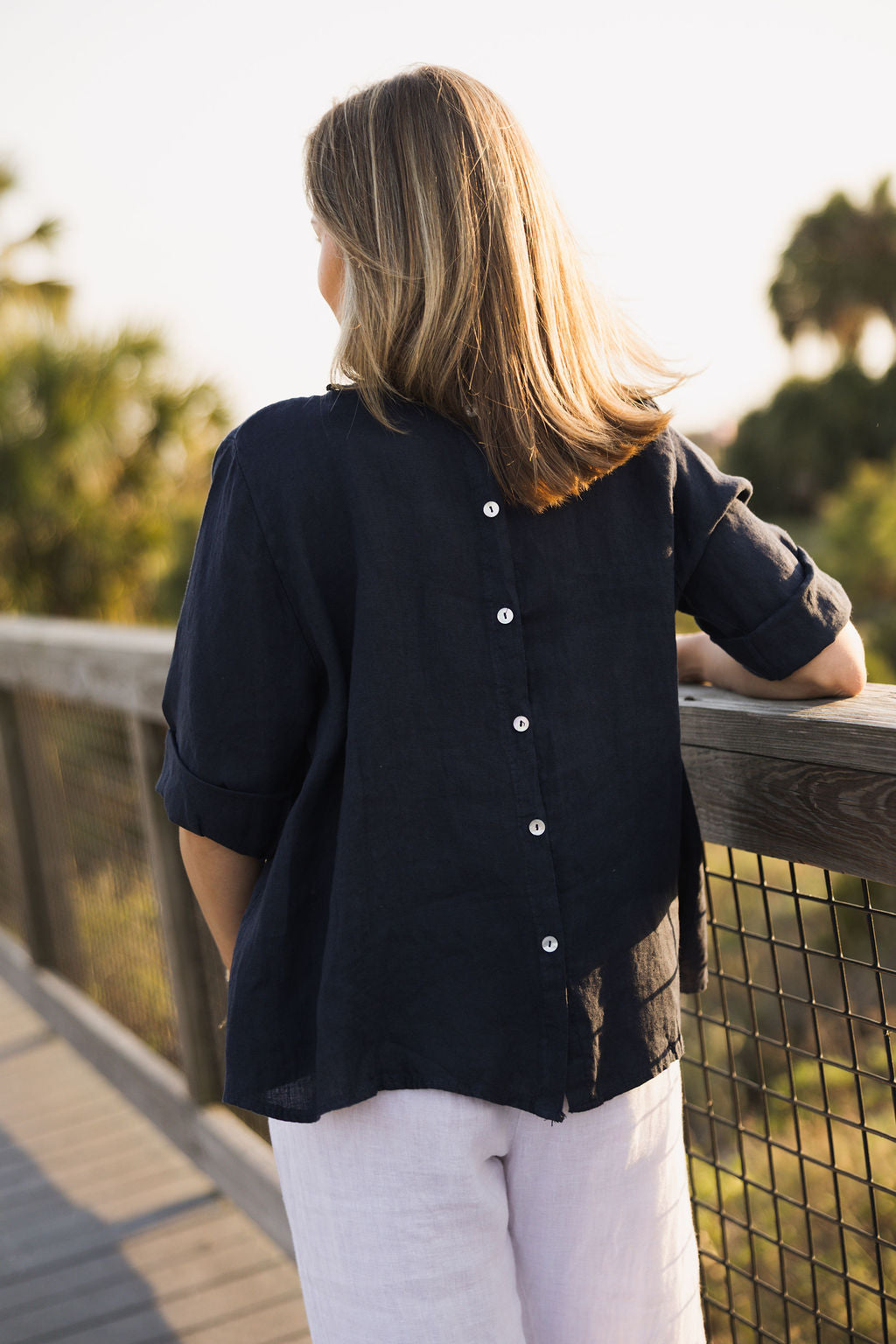 Button Up Linen Blouse - Navy