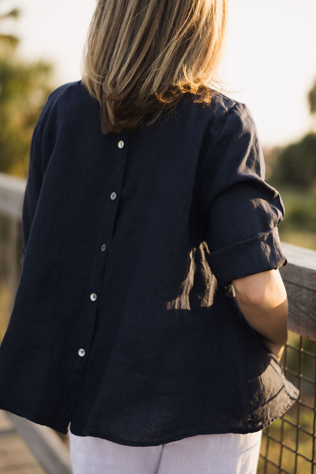 Button Up Linen Blouse - Navy