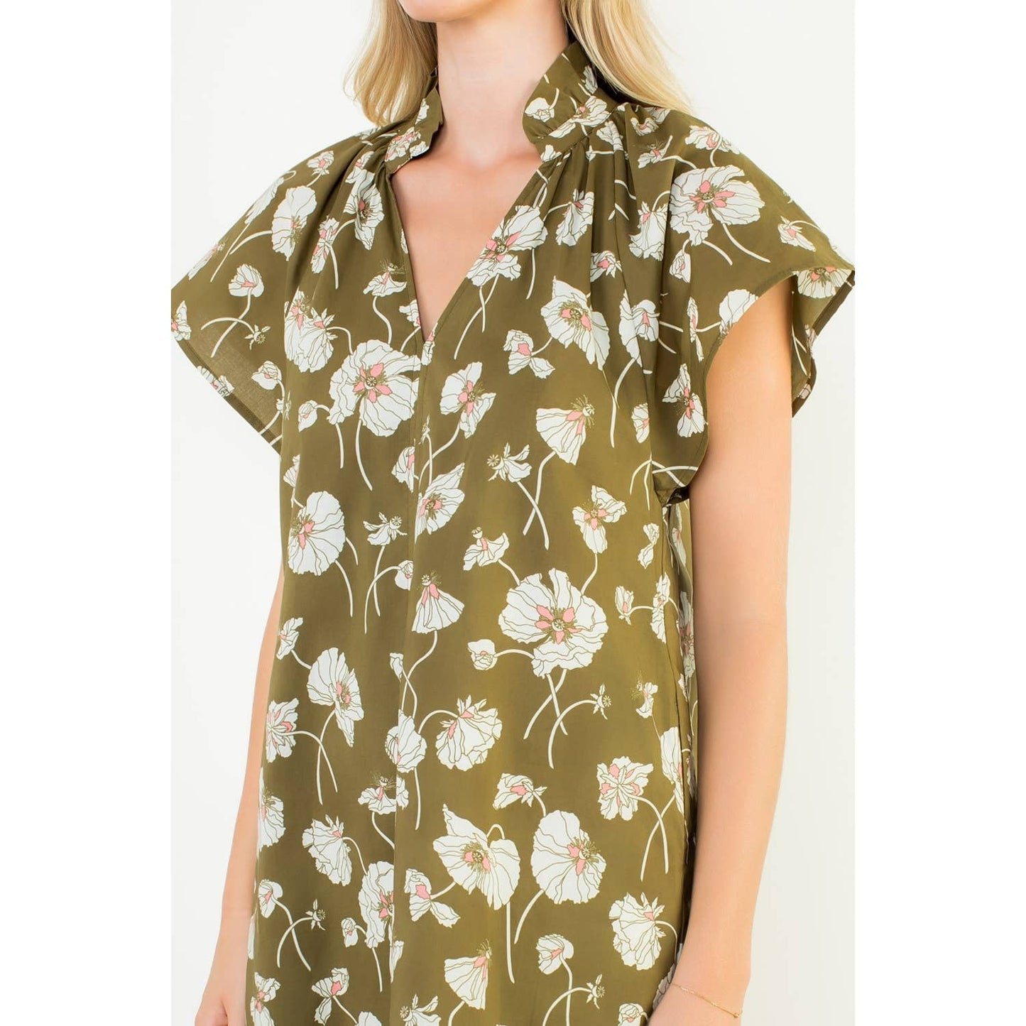 Floral V-Neck Dress- Olive