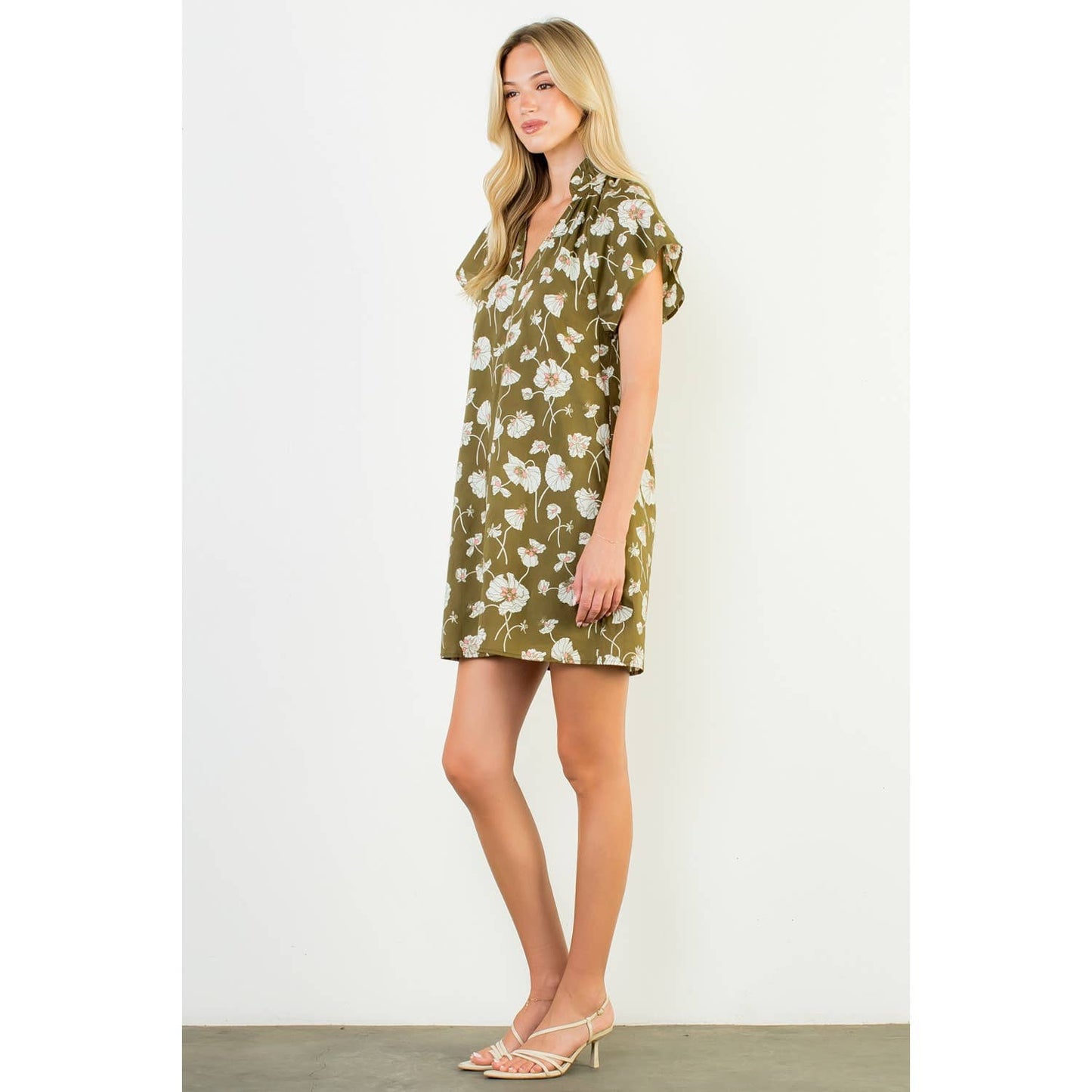 Floral V-Neck Dress- Olive