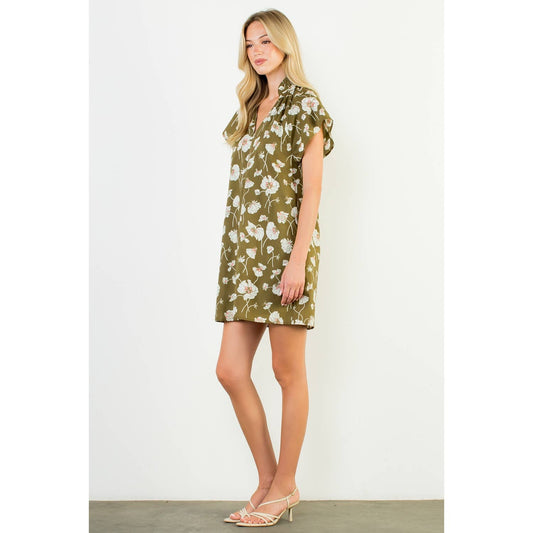 Floral V-Neck Dress- Olive