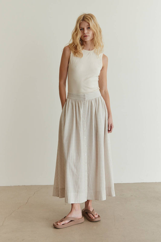 Plaid Button Trim Midi Skirt