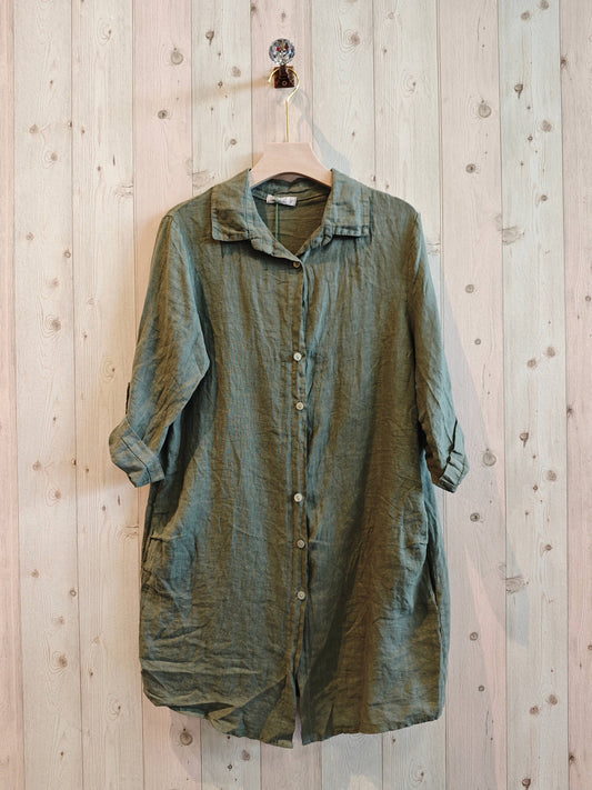 Linen Shirt Dress- Olive