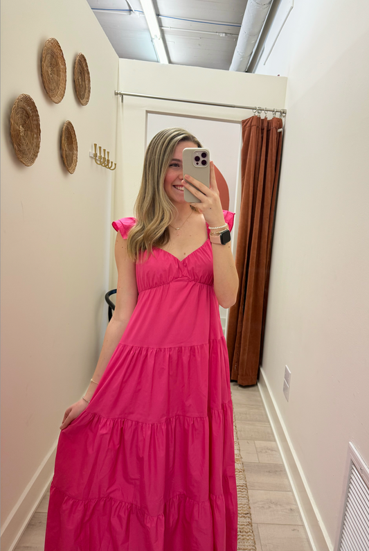 Popin Ruffle Maxi Dress-Hot Pink