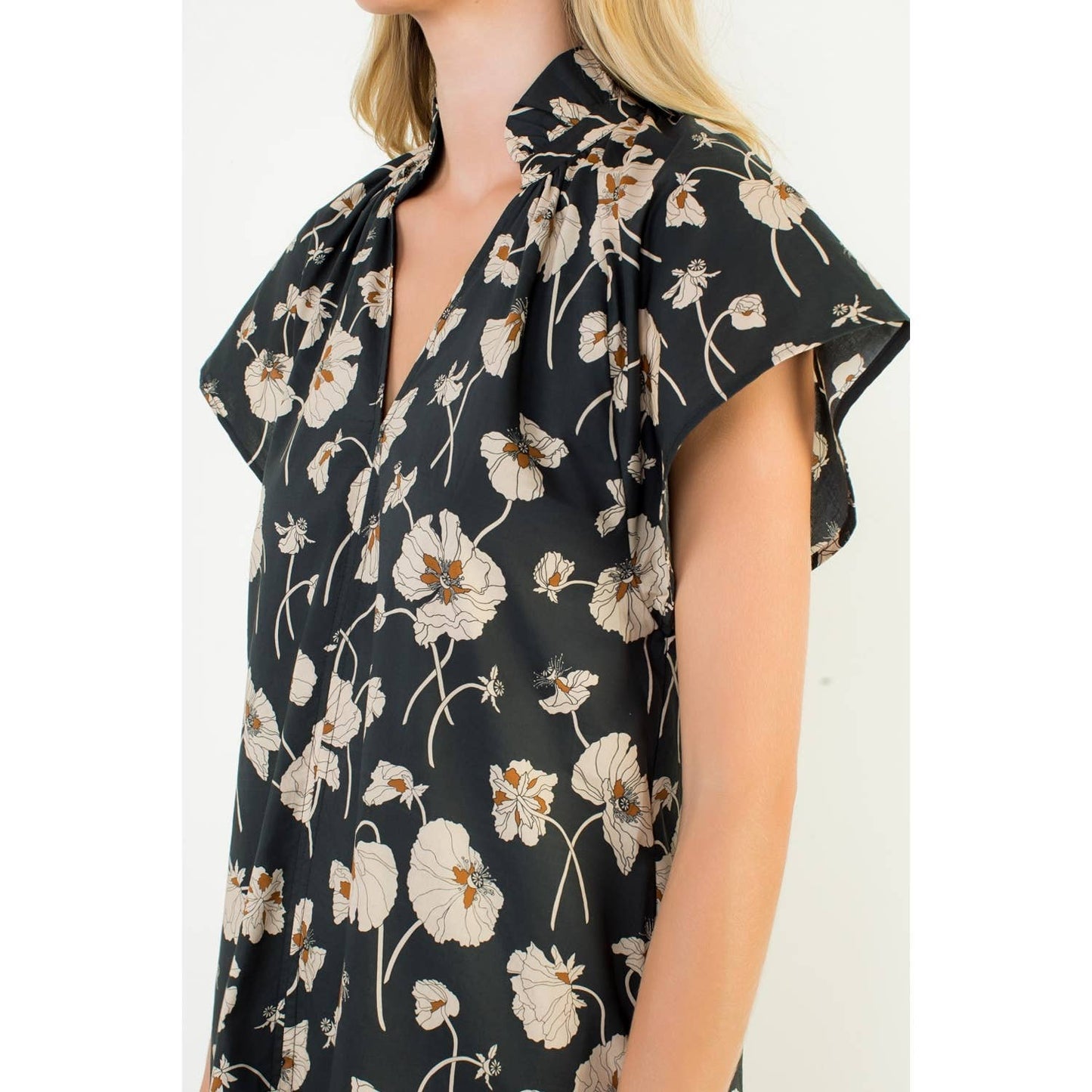Floral V-Neck Dress- Black