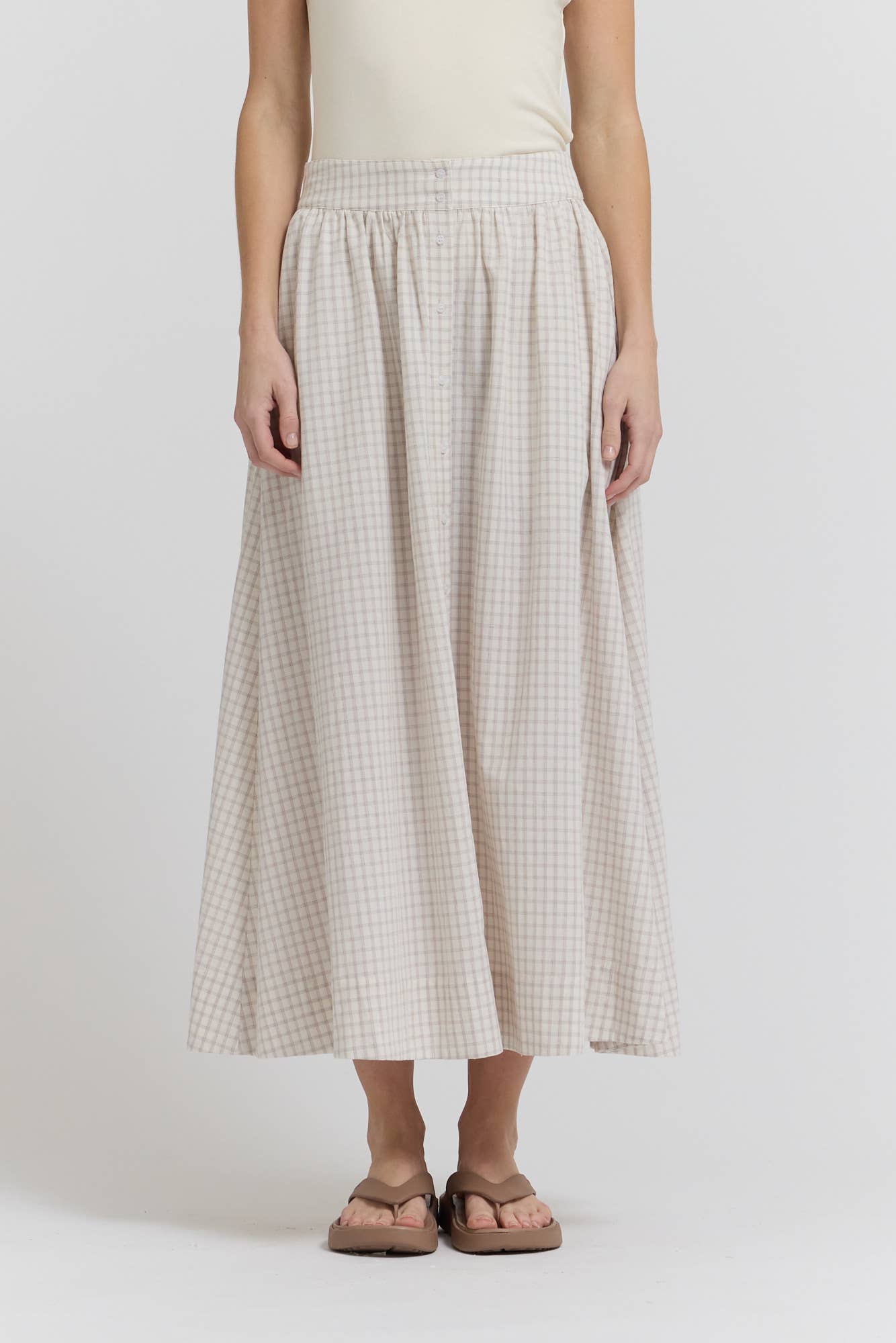 Plaid Button Trim Midi Skirt