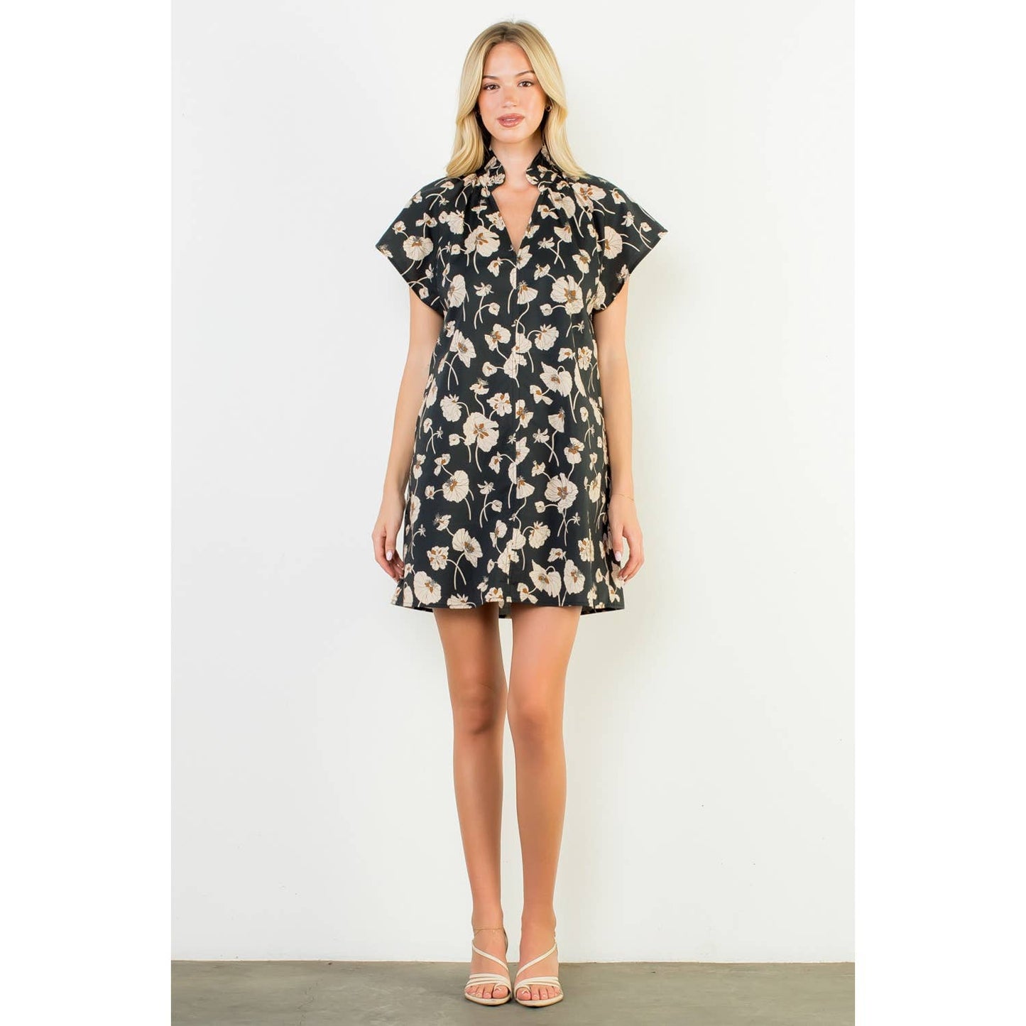 Floral V-Neck Dress- Black
