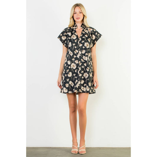 Floral V-Neck Dress- Black