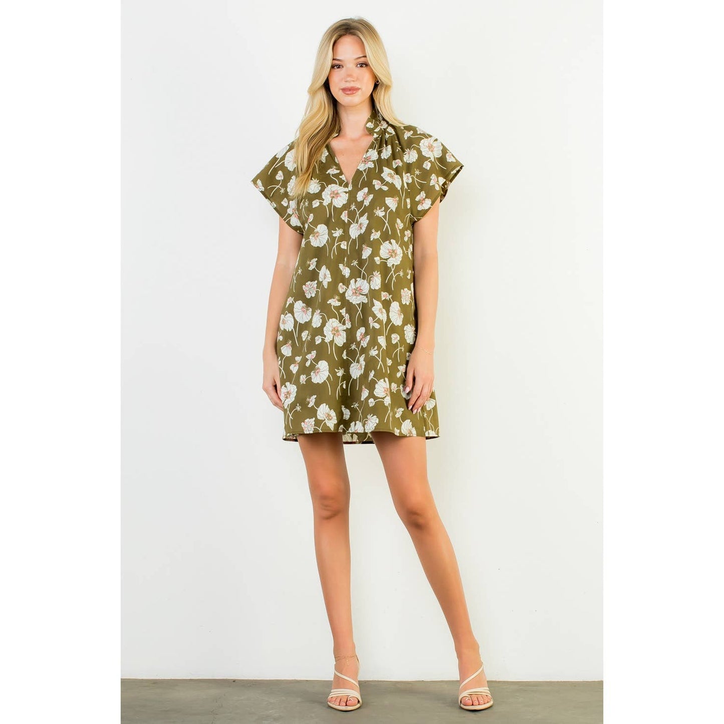 Floral V-Neck Dress- Olive