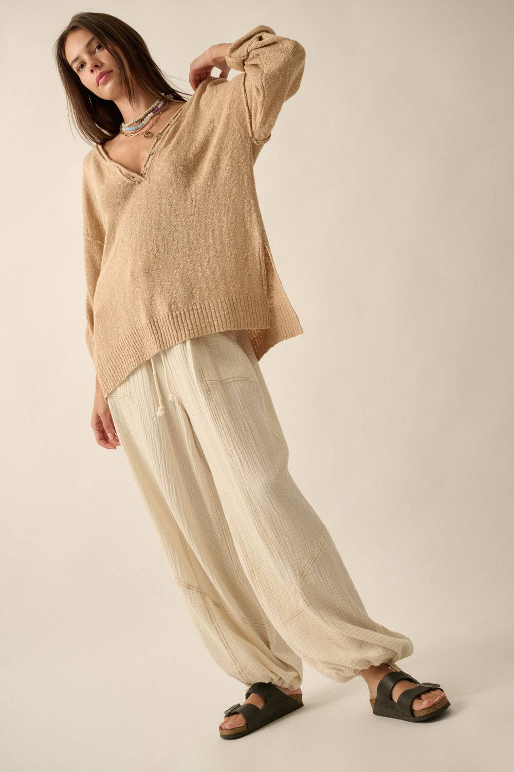 Henley Oversized Sweater - Sand