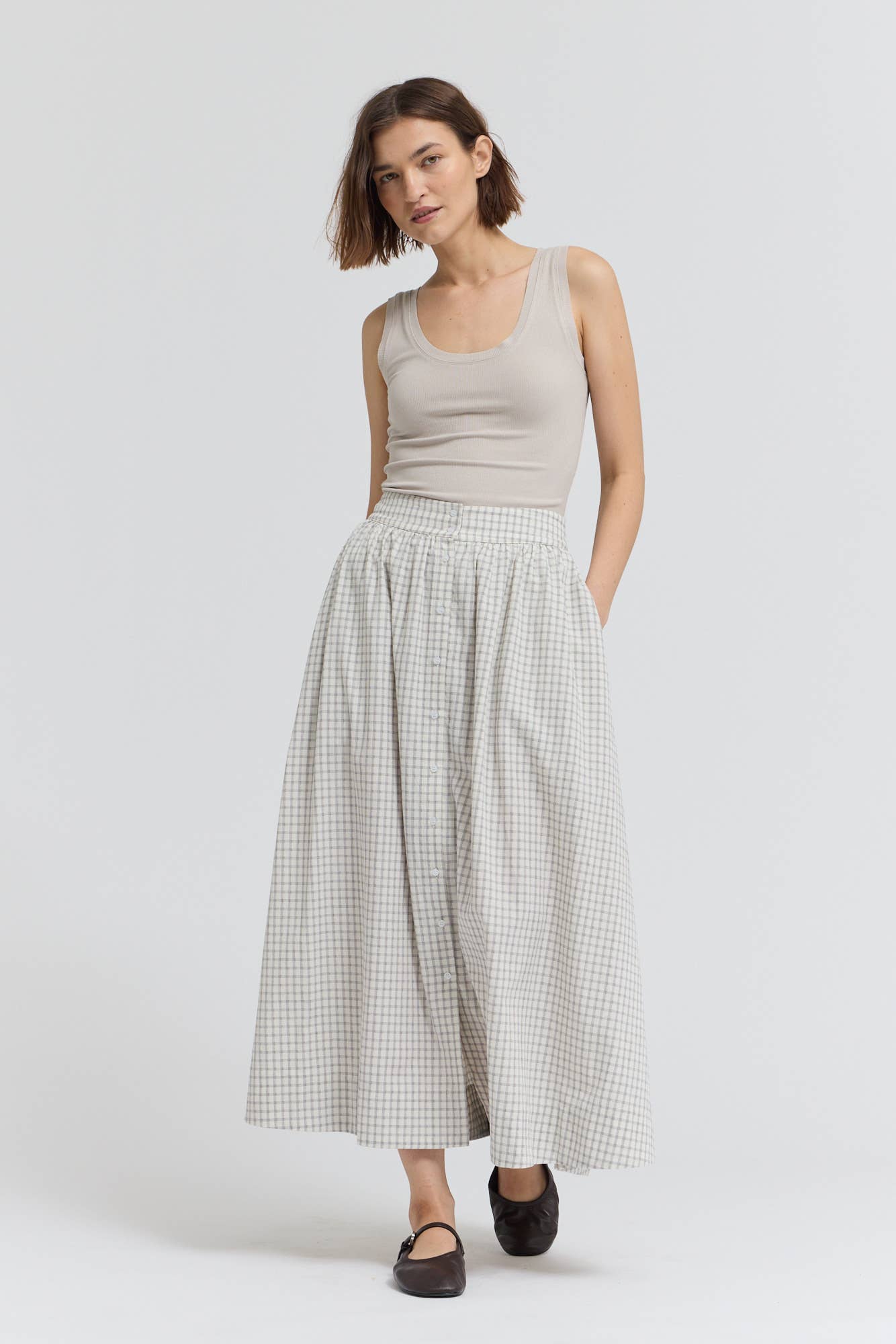 Plaid Button Trim Midi Skirt