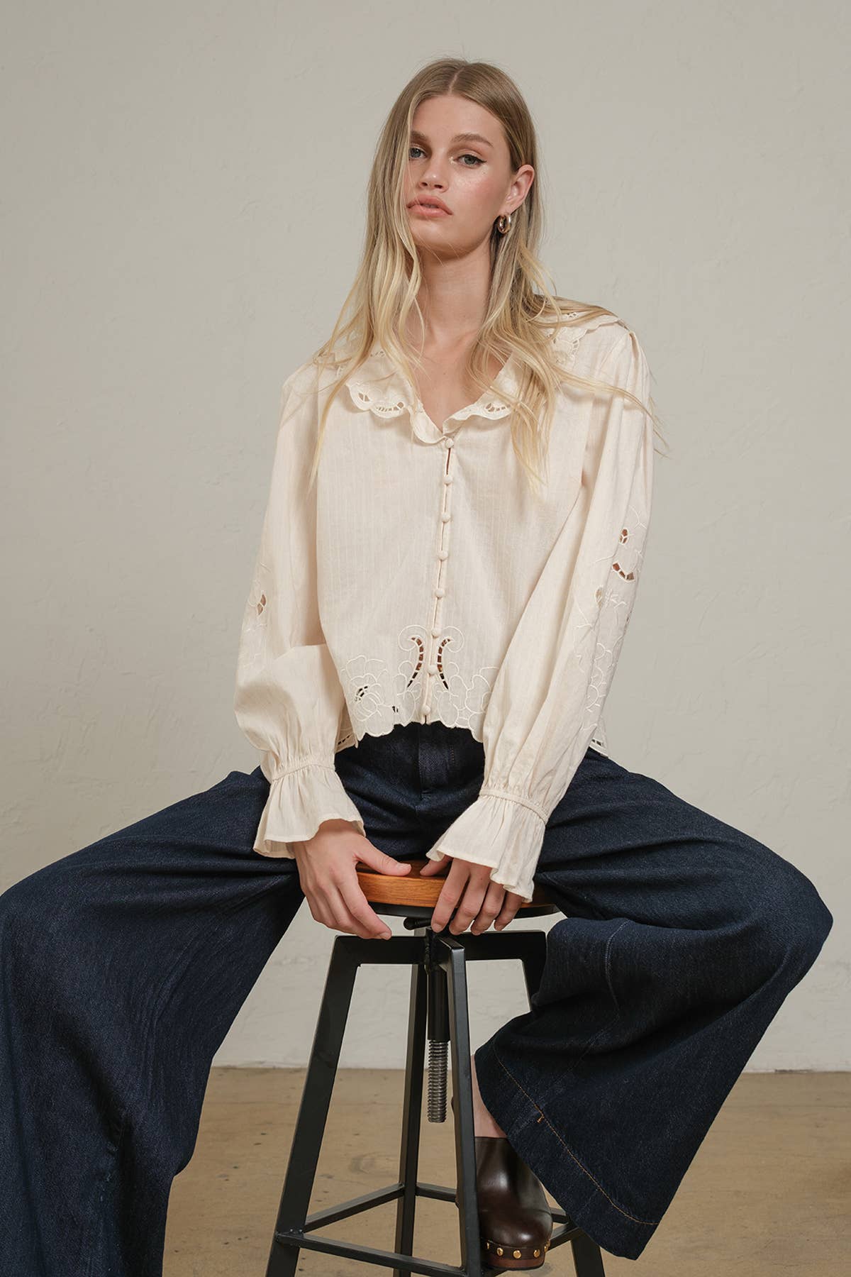 Embroidered Eyelet Collar Blouse