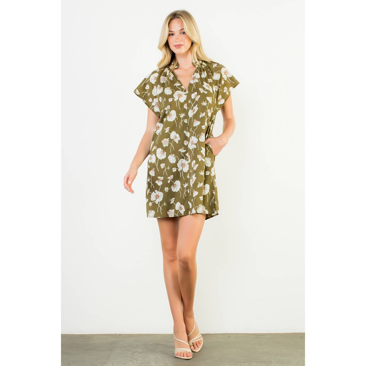 Floral V-Neck Dress- Olive