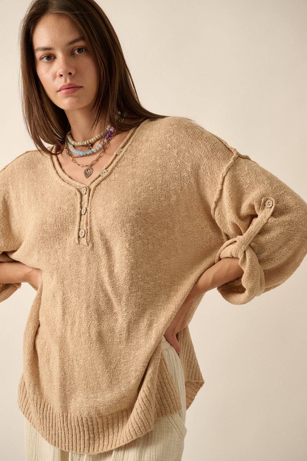 Henley Oversized Sweater - Sand