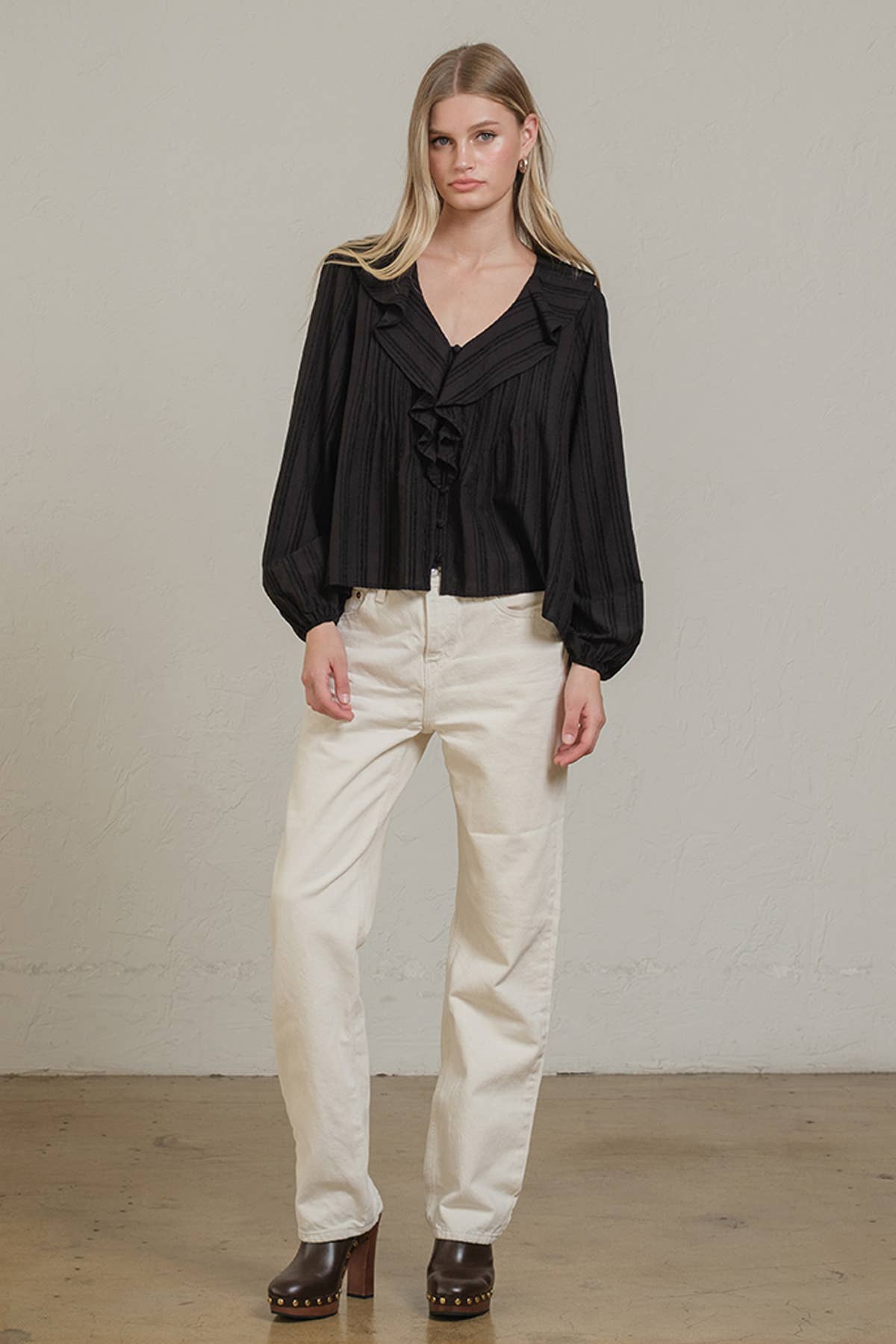Ruffle Trim Striped Blouse